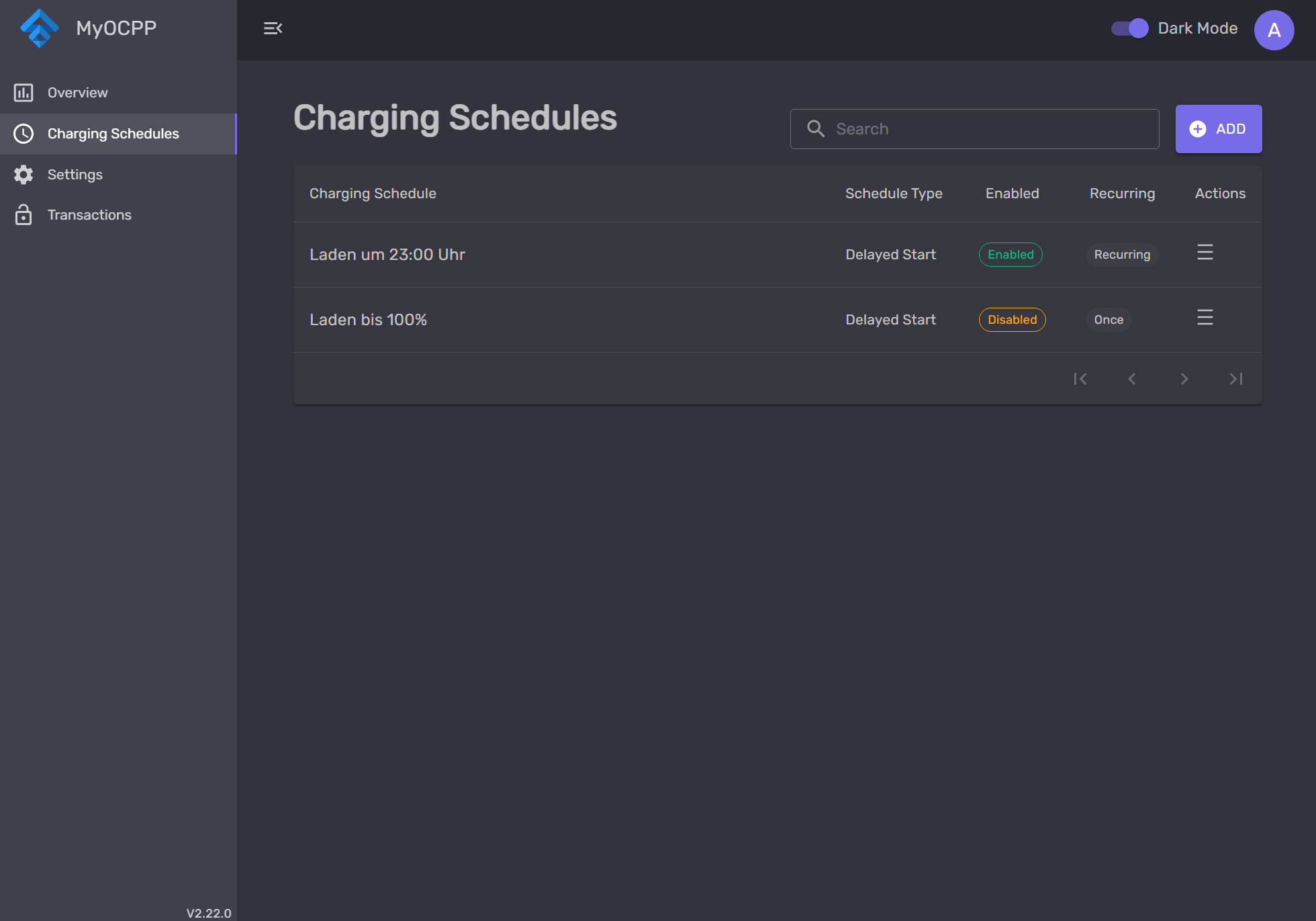 Charging schedules management view MyOCPP Charging Schedules — list with type, enabled status, and recurring flag