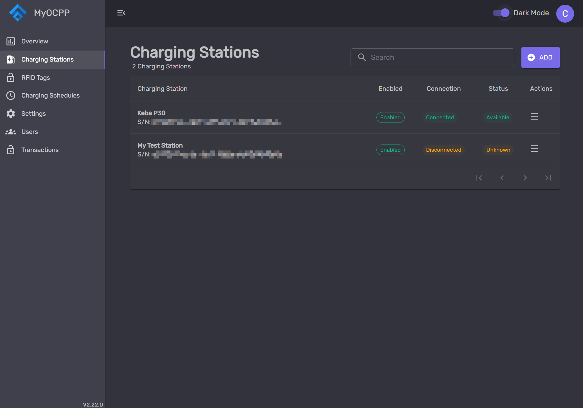 Charging stations management view MyOCPP Charging Stations — table with live connection and OCPP status badges