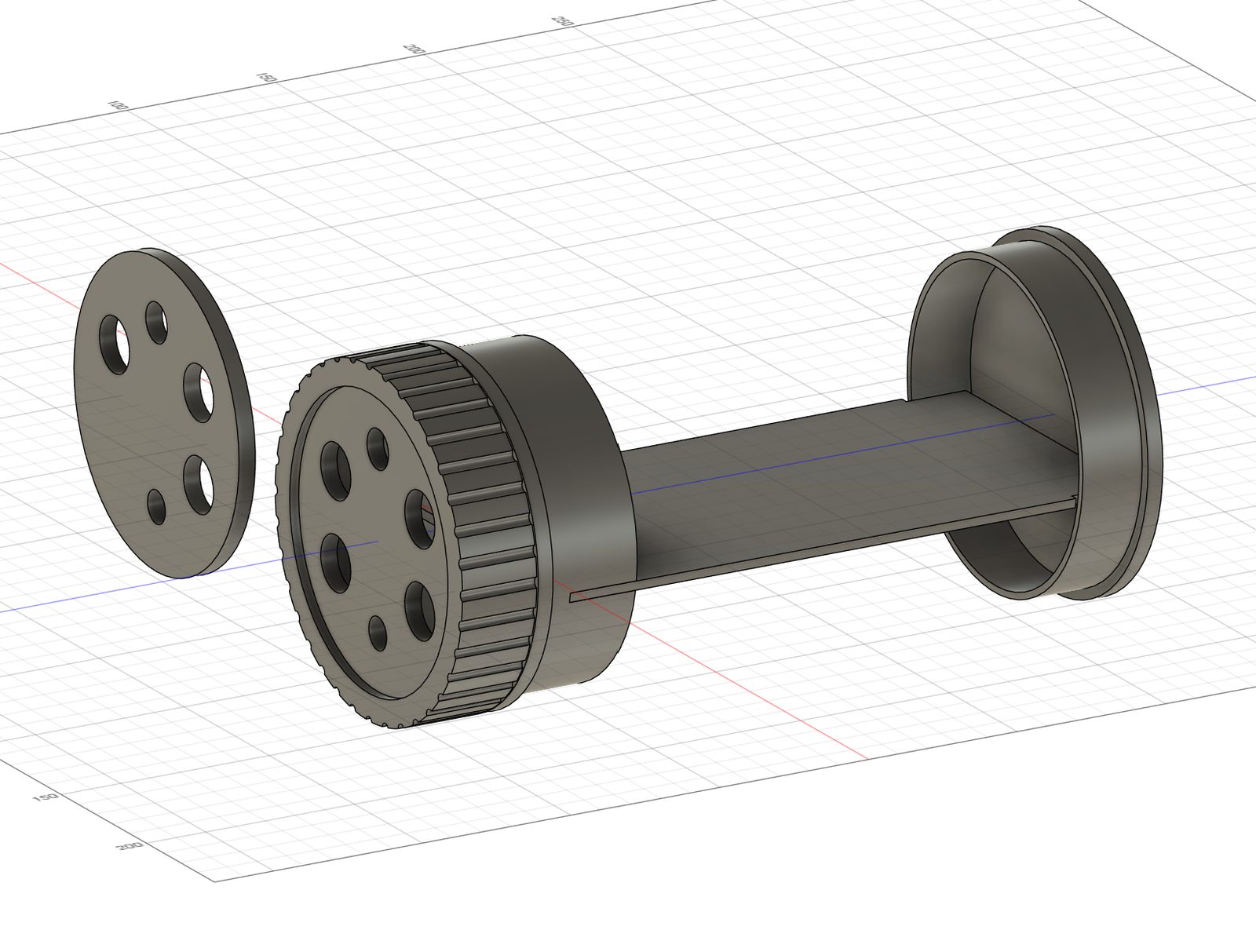 The Fusion 360 model, exploded — lid, union ring, insert with divider, and floor