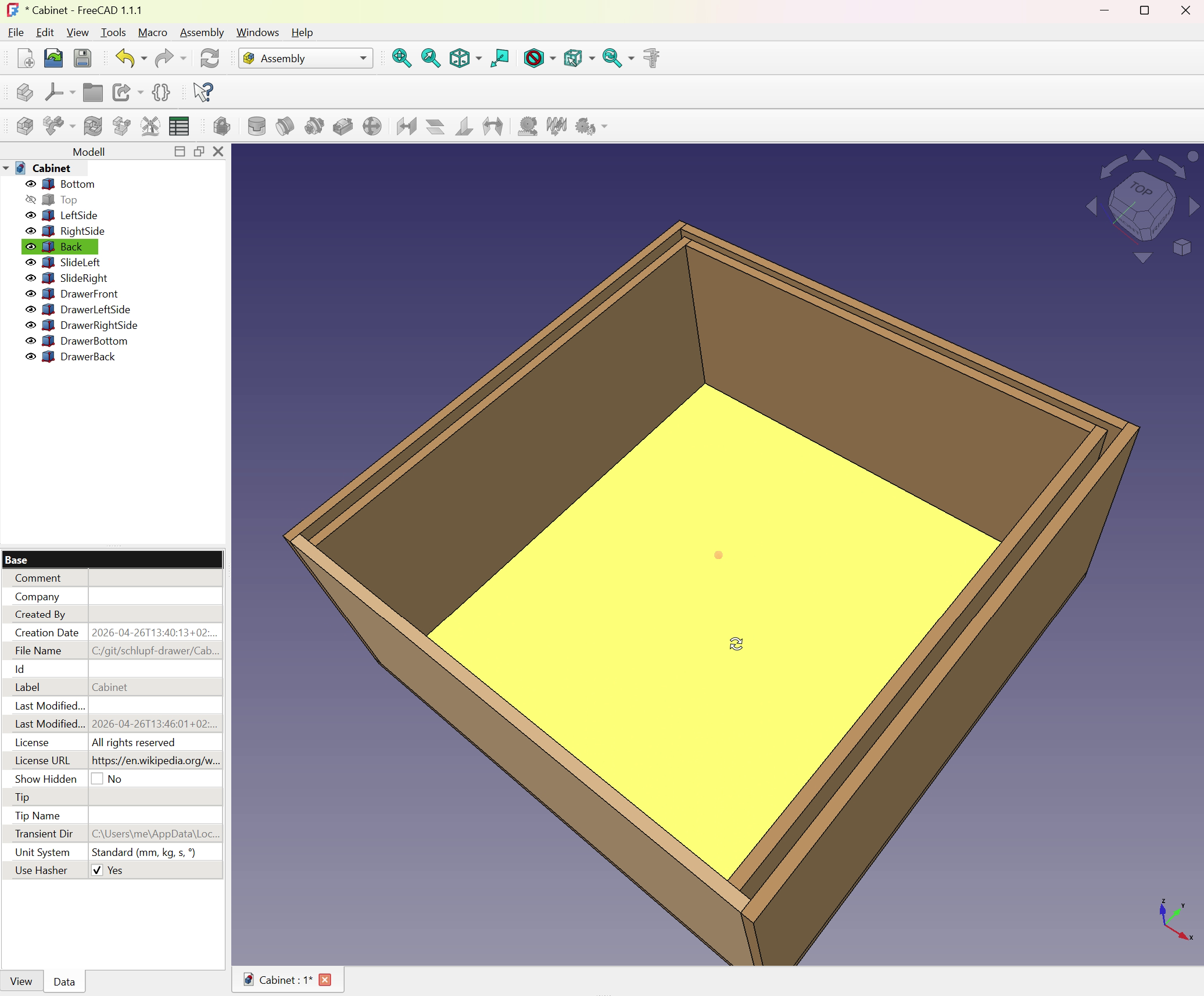 The finished model — bottom panel highlighted, drawer nested inside, ready for the cut list