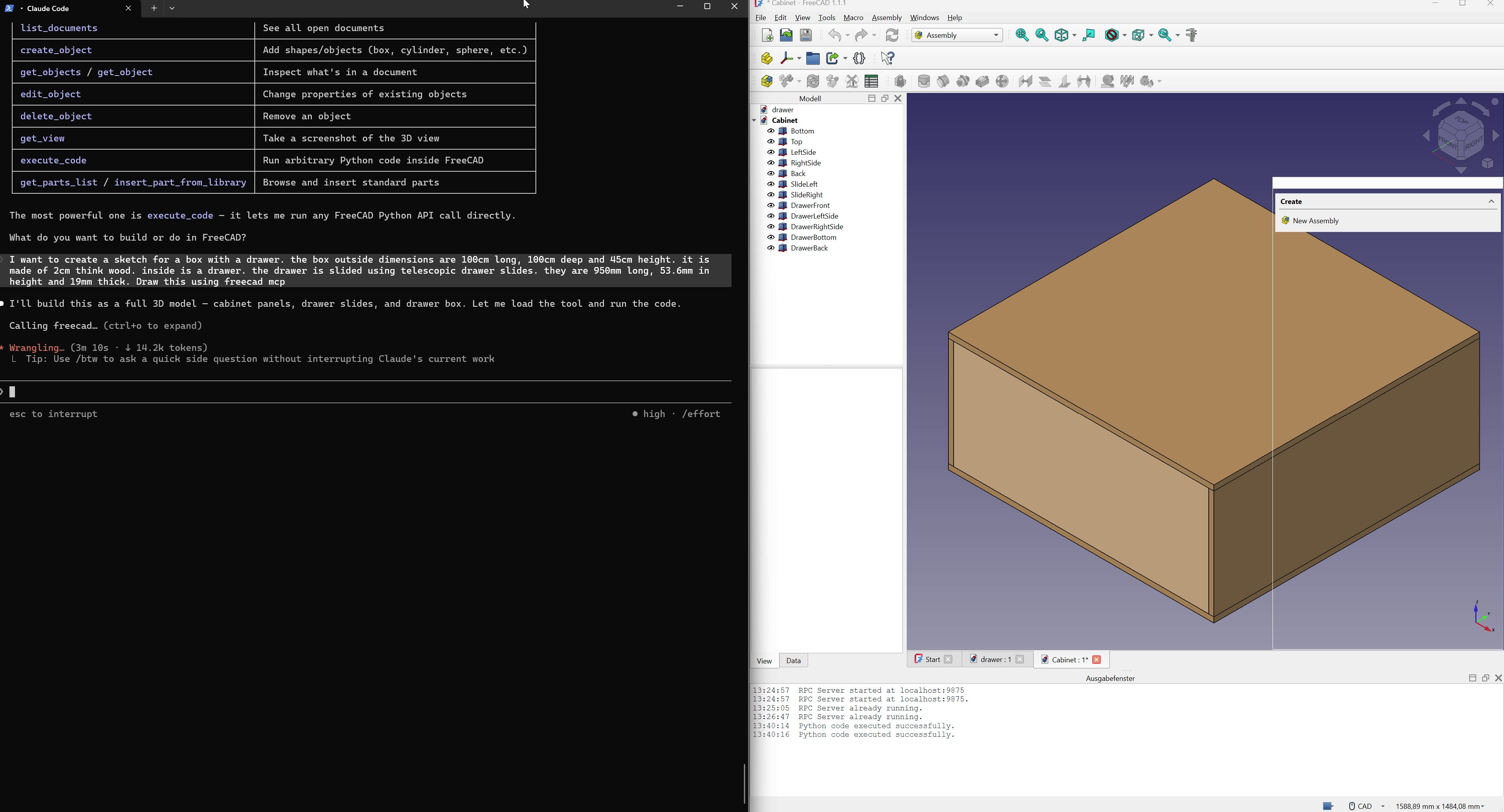 The first prompt going into Claude Code while FreeCAD waits patiently on the right